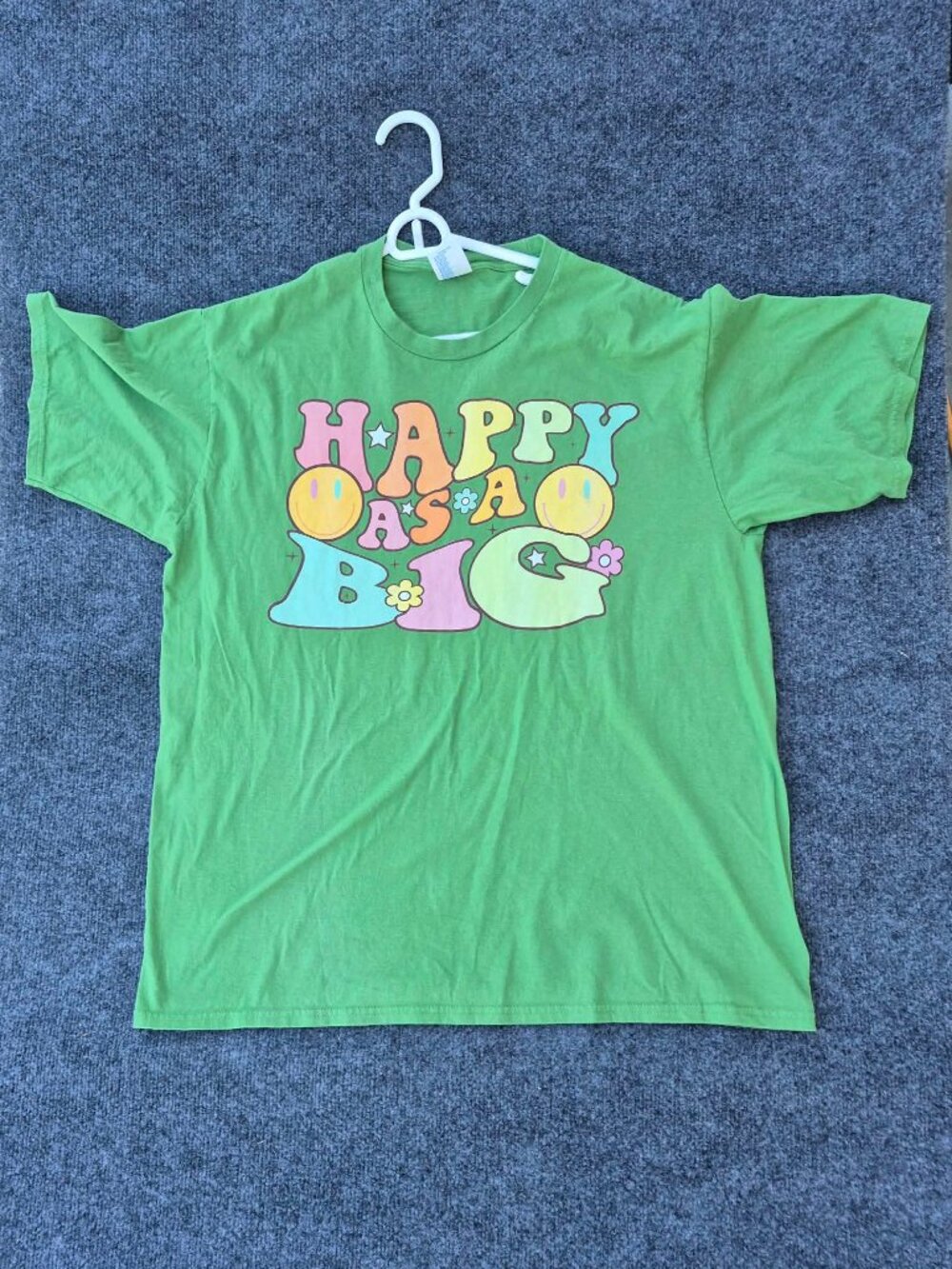Retro Green Graphic 1970s Style Tshirt reading "Happy As A Big"